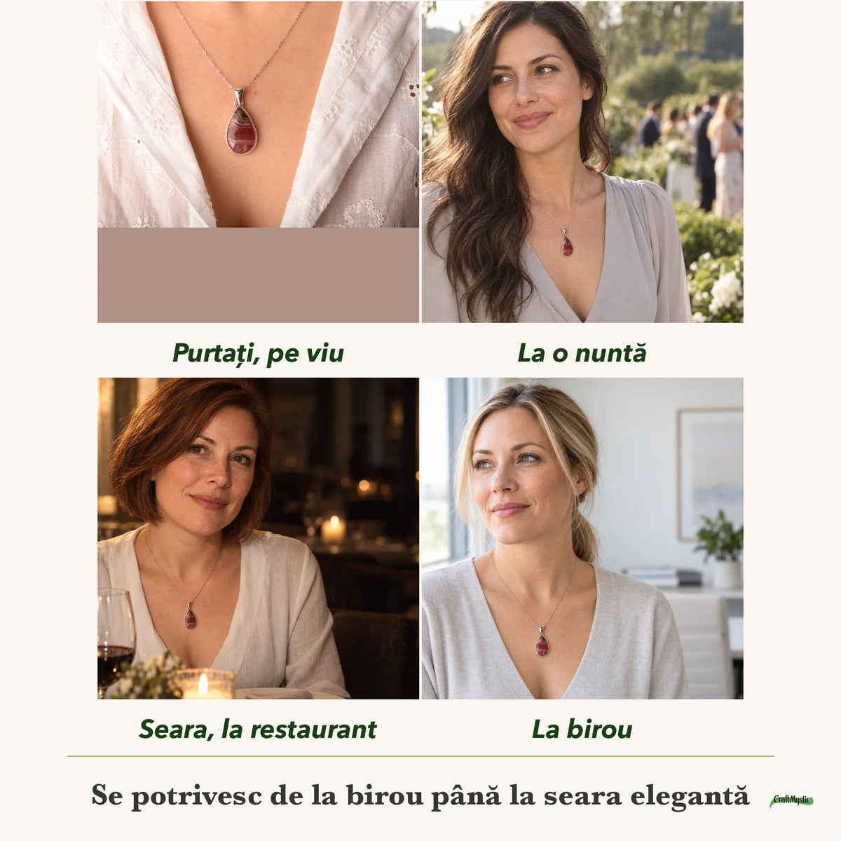 Colier cu Calcit Cobaltifer cu Matrice Naturală purtați de patru femei, la nuntă, seara, la birou și la o aniversare