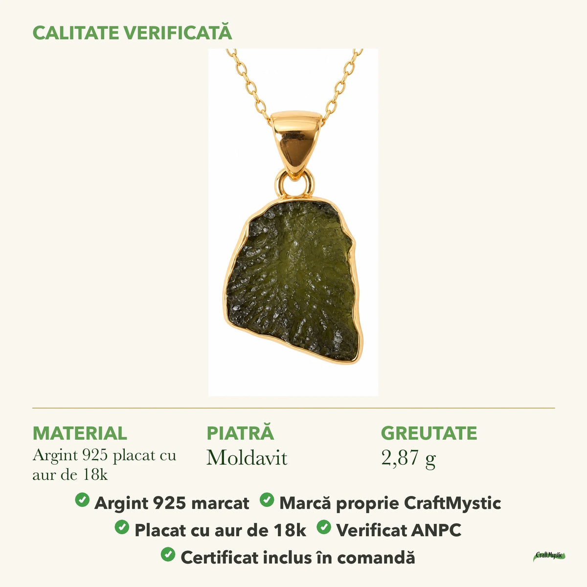 Colier cu Moldavit: material, dimensiunea pietrei, greutate și marcajul 925