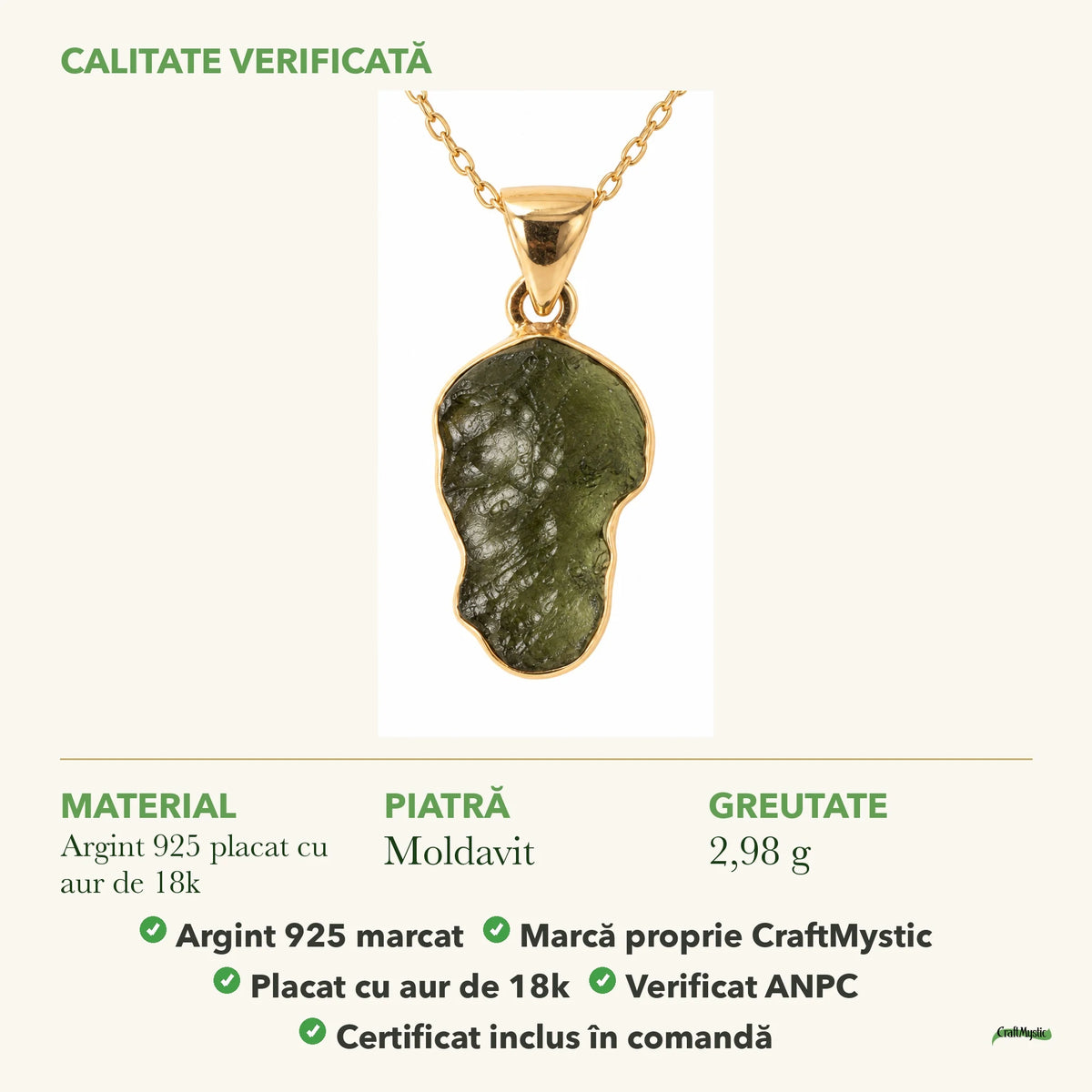 Colier cu Moldavit: material, dimensiunea pietrei, greutate și marcajul 925