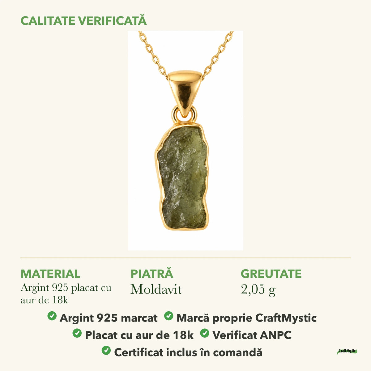 Colier cu Moldavit: material, dimensiunea pietrei, greutate și marcajul 925