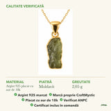 Colier cu Moldavit: material, dimensiunea pietrei, greutate și marcajul 925