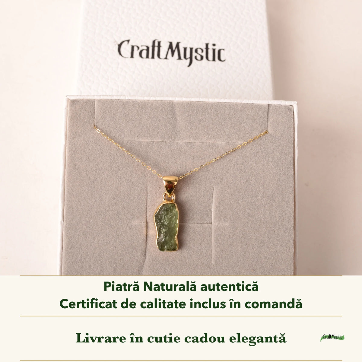 Colier cu Moldavit în cutia cadou CraftMystic, cu certificatul de calitate