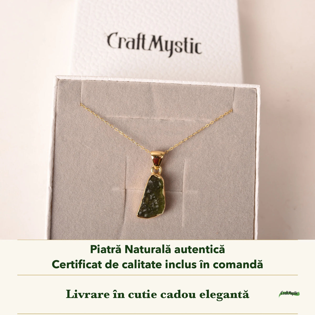 Colier cu Moldavit în cutia cadou CraftMystic, cu certificatul de calitate