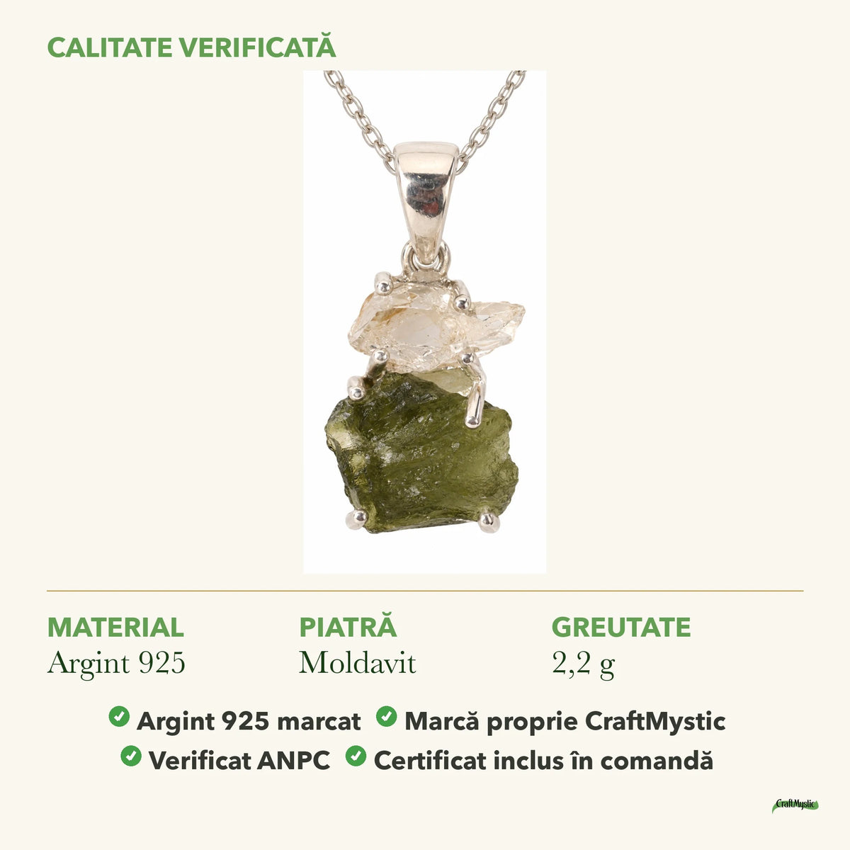 Colier cu Moldavit și Diamant Pakimer: material, dimensiunea pietrei, greutate și marcajul 925