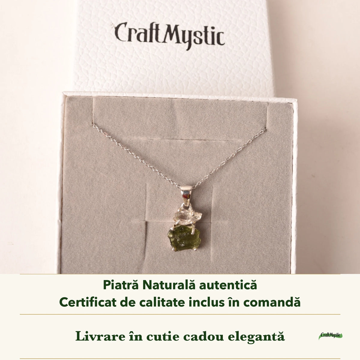 Colier cu Moldavit și Diamant Pakimer în cutia cadou CraftMystic, cu certificatul de calitate