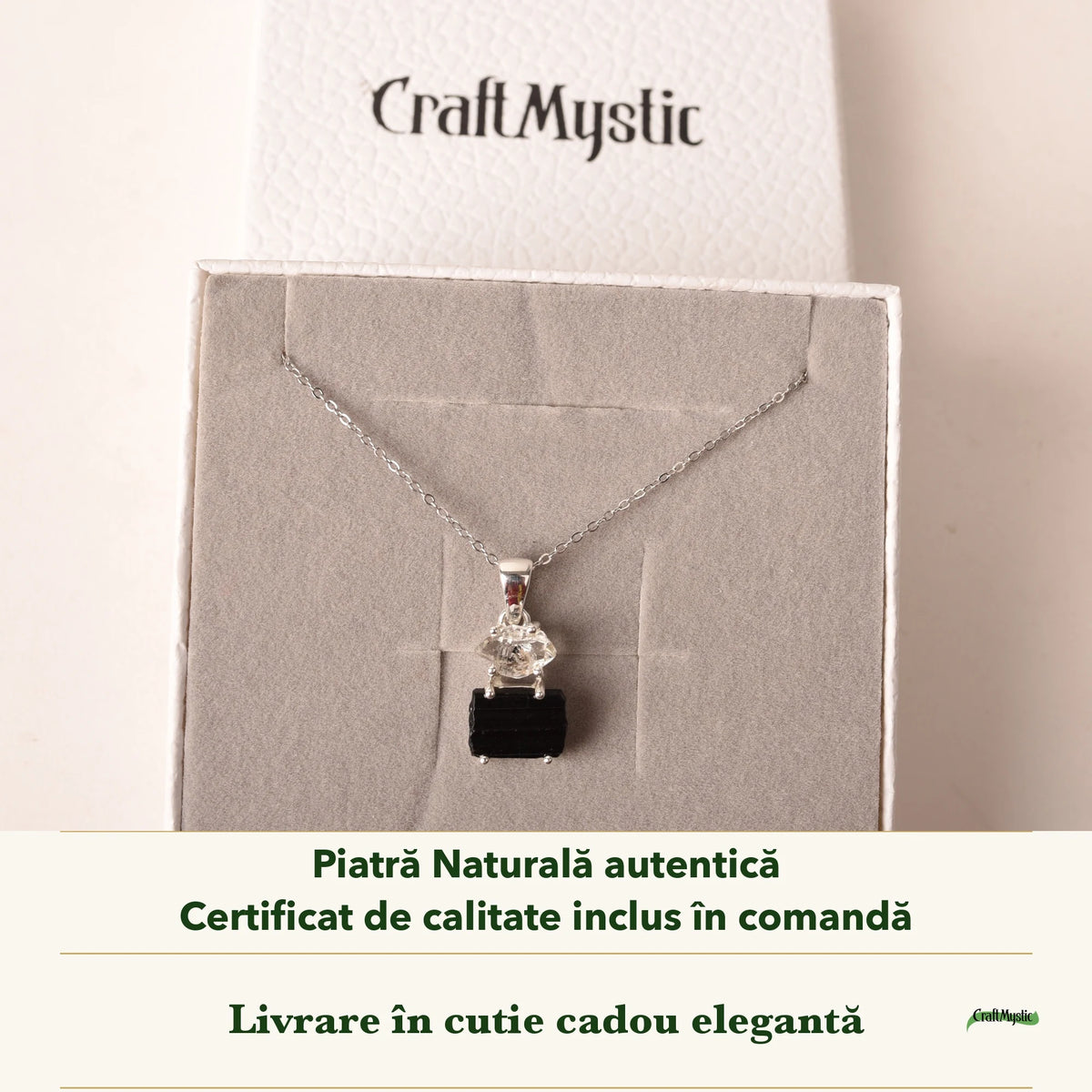 Colier cu Turmalină Neagră și Diamant Pakimer în cutia cadou CraftMystic, cu certificatul de calitate