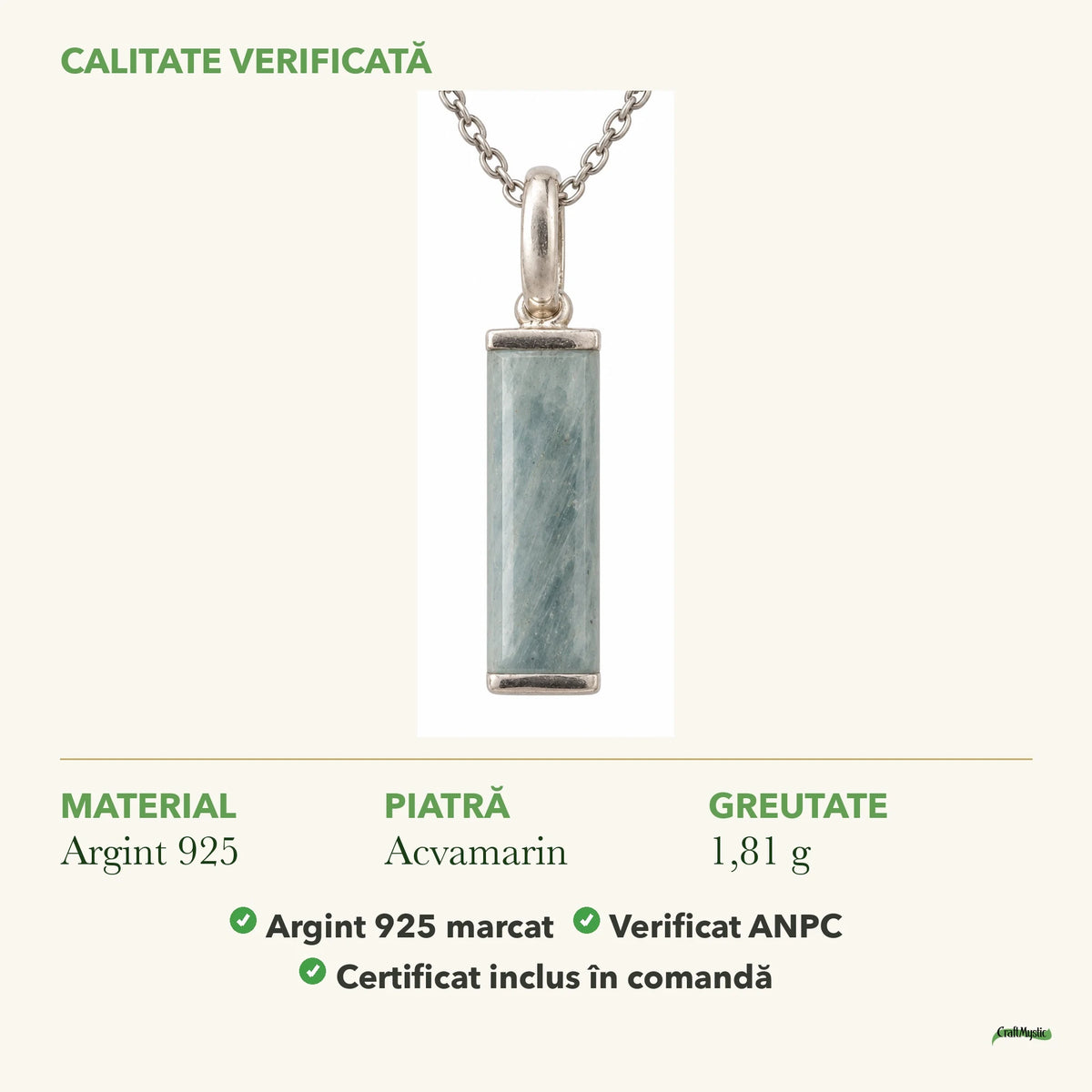 Colier cu Acvamarin: material, dimensiunea pietrei, greutate și marcajul 925