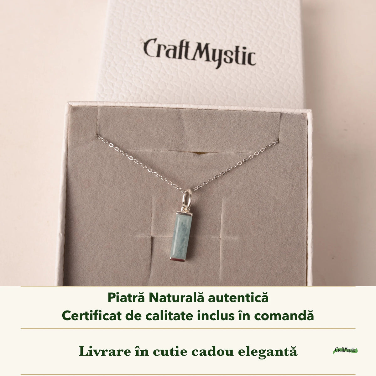 Colier cu Acvamarin în cutia cadou CraftMystic, cu certificatul de calitate