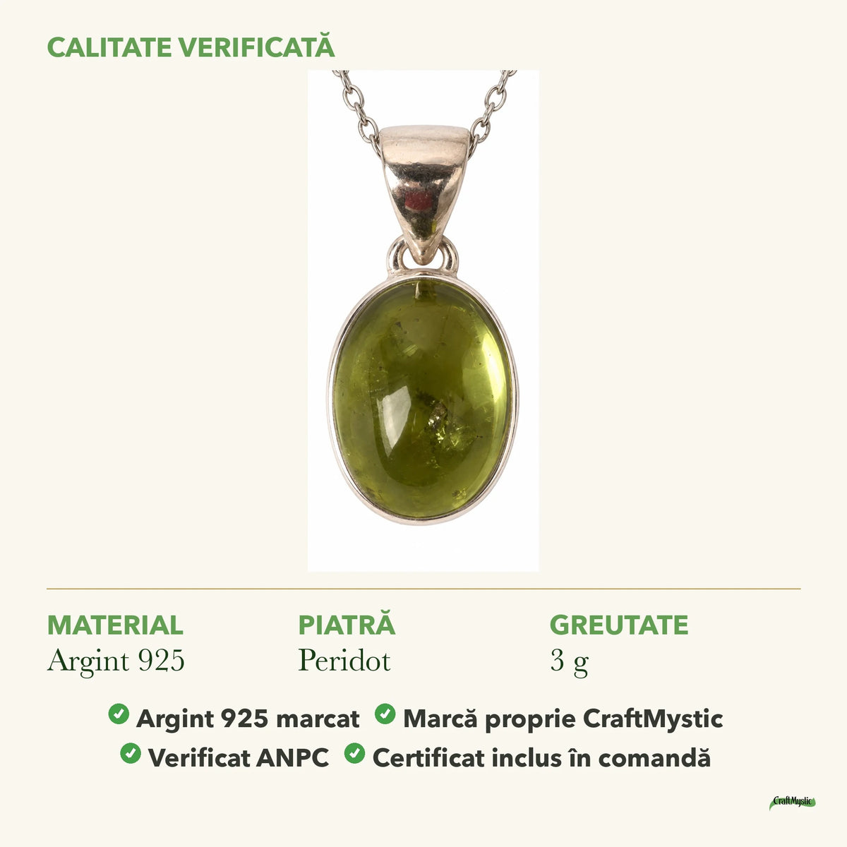 Colier cu Peridot: material, dimensiunea pietrei, greutate și marcajul 925