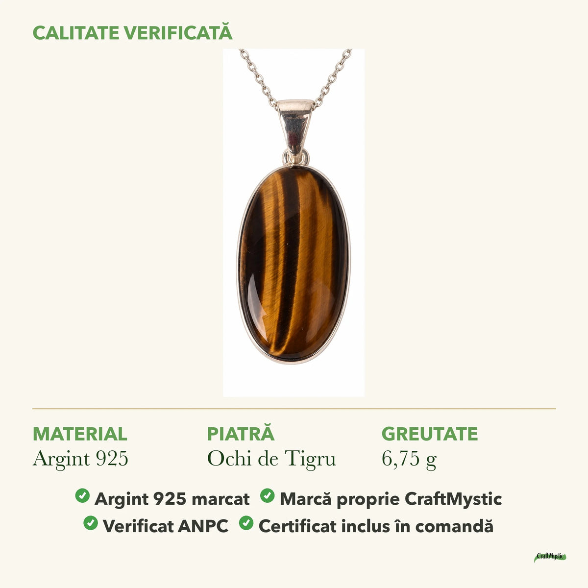 Colier cu Ochi de Tigru: material, dimensiunea pietrei, greutate și marcajul 925