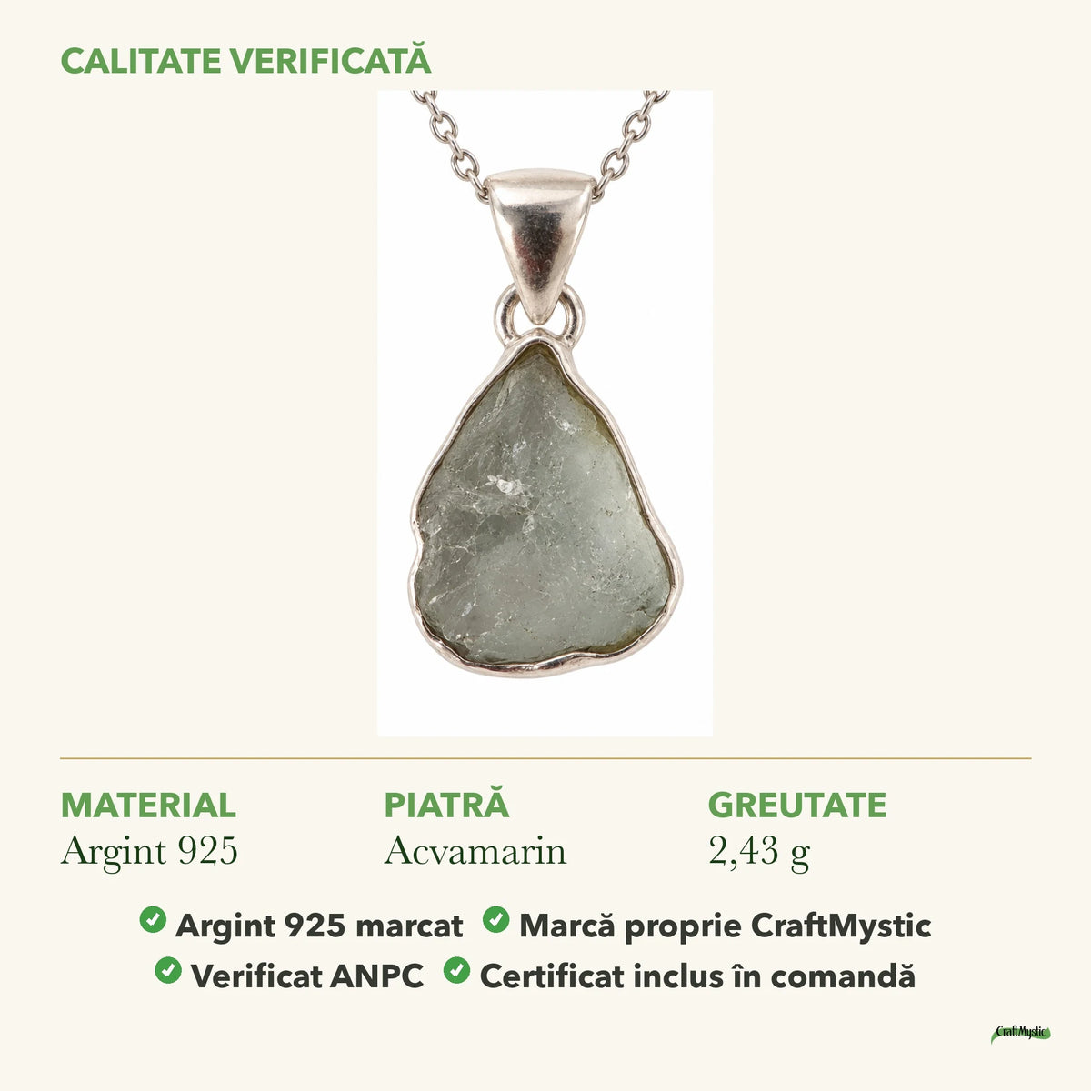 Colier cu Acvamarin: material, dimensiunea pietrei, greutate și marcajul 925