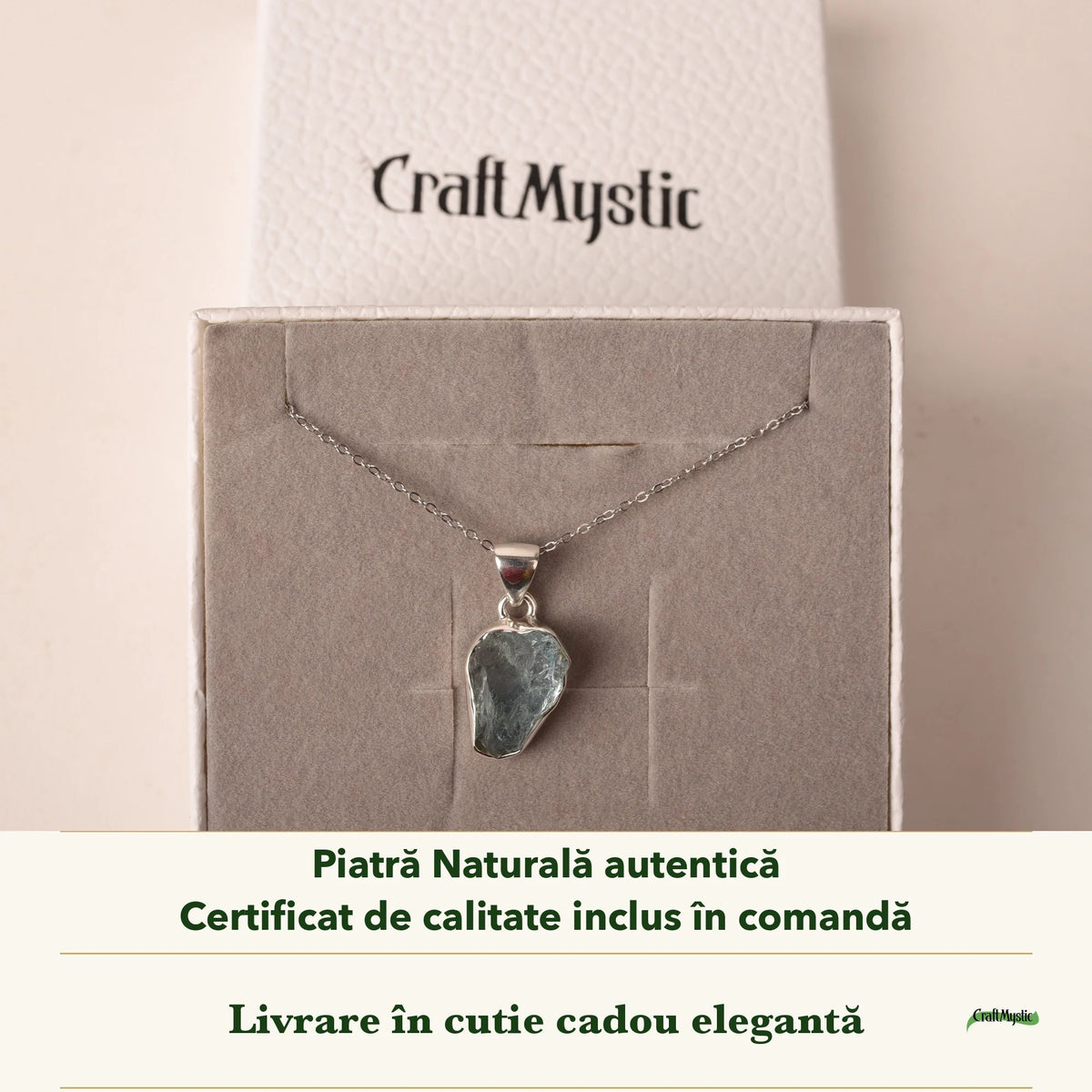 Colier cu Acvamarin în cutia cadou CraftMystic, cu certificatul de calitate
