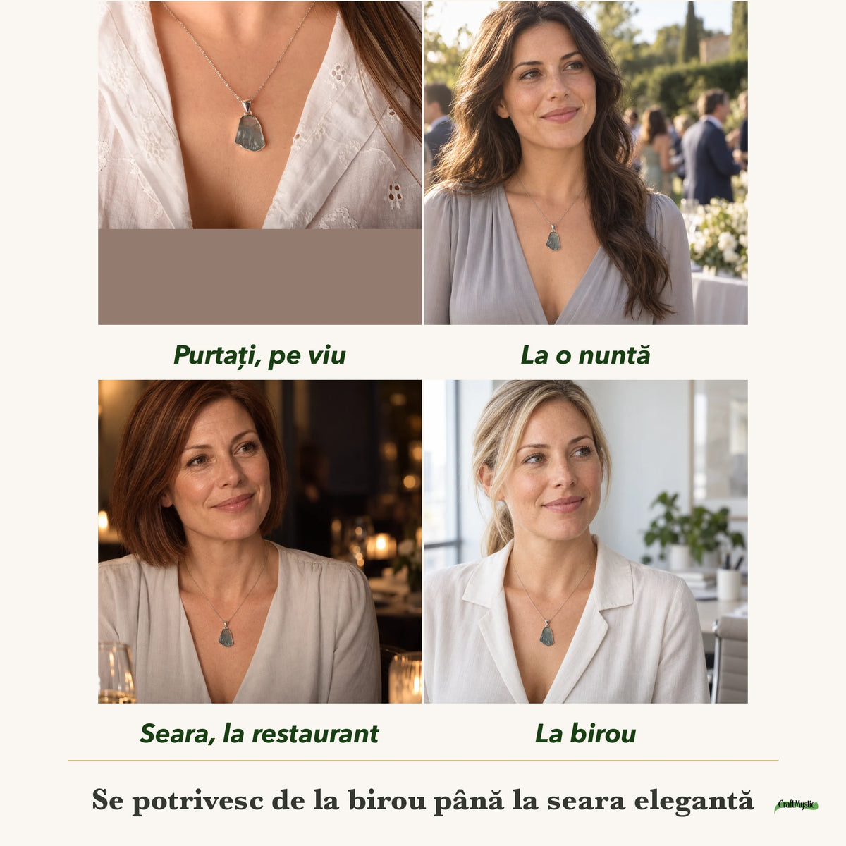 Colier cu Acvamarin purtați de patru femei, la nuntă, seara, la birou și la o aniversare