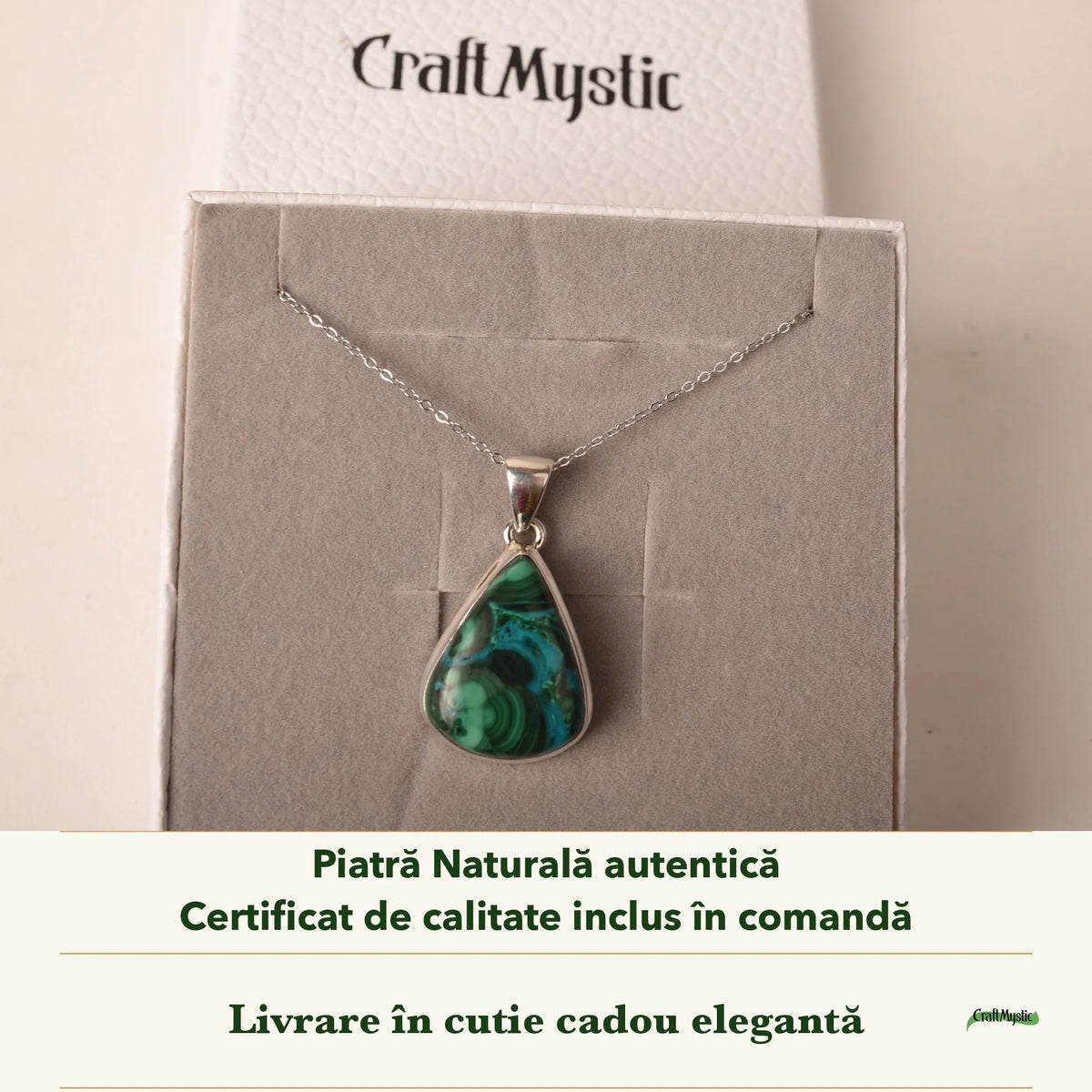 Colier cu Malachit cu Crisocola în cutia cadou CraftMystic, cu certificatul de calitate
