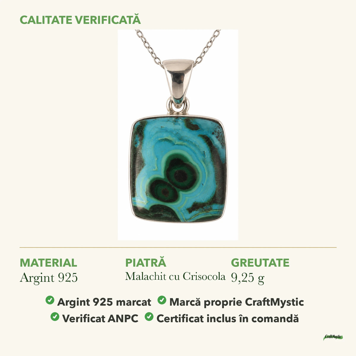 Colier cu Malachit cu Crisocola: material, dimensiunea pietrei, greutate și marcajul 925