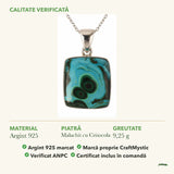 Colier cu Malachit cu Crisocola: material, dimensiunea pietrei, greutate și marcajul 925