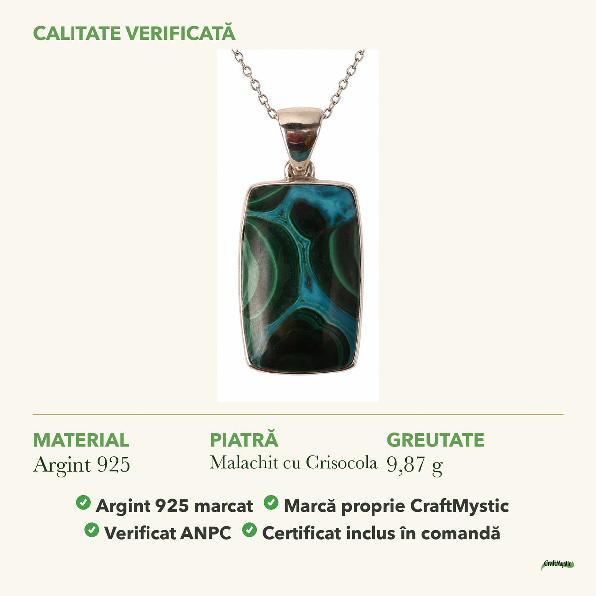 Colier cu Malachit cu Crisocola: material, dimensiunea pietrei, greutate și marcajul 925
