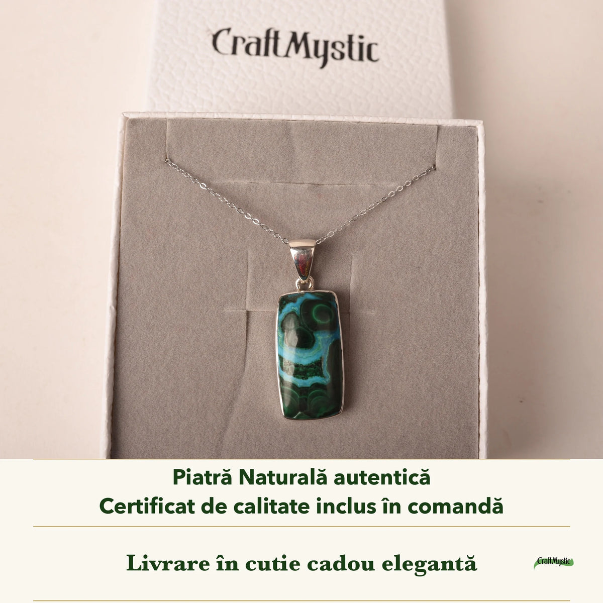 Colier cu Malachit cu Crisocola în cutia cadou CraftMystic, cu certificatul de calitate