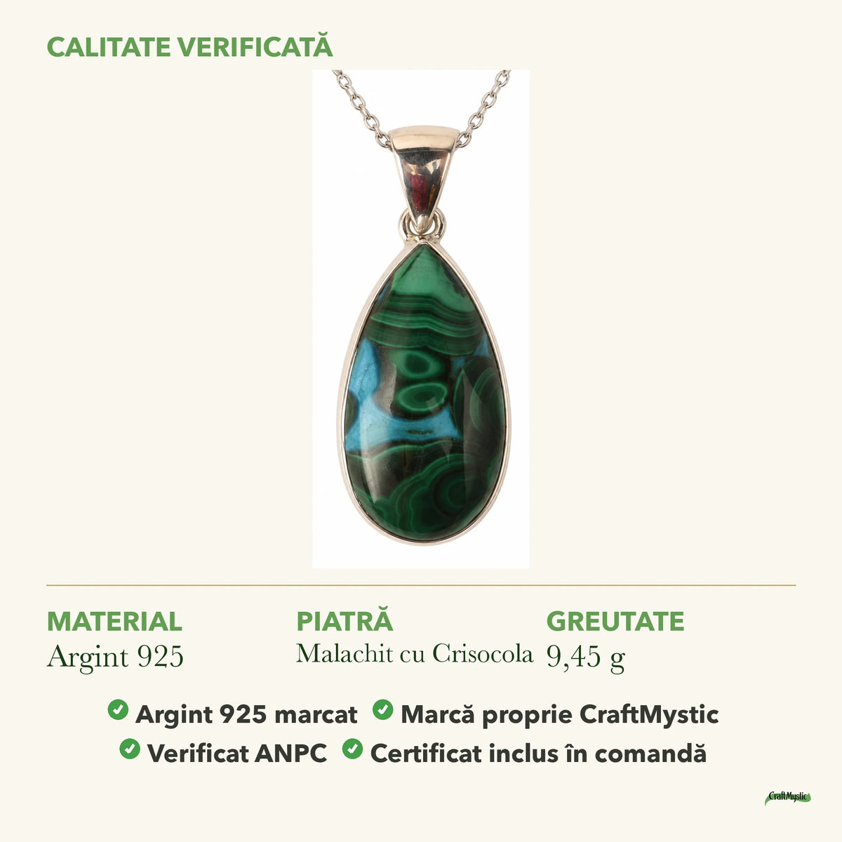 Colier cu Malachit cu Crisocola: material, dimensiunea pietrei, greutate și marcajul 925