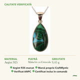 Colier cu Malachit cu Crisocola: material, dimensiunea pietrei, greutate și marcajul 925