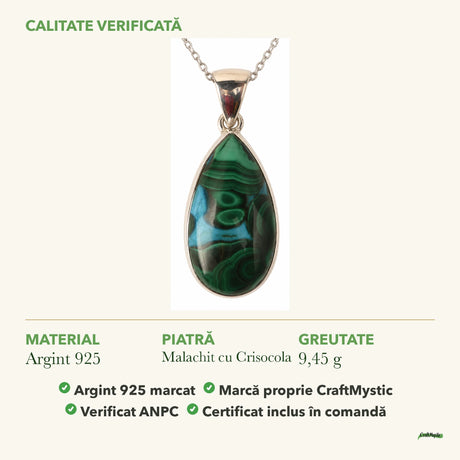 Colier cu Malachit cu Crisocola: material, dimensiunea pietrei, greutate și marcajul 925