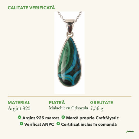 Colier cu Malachit cu Crisocola: material, dimensiunea pietrei, greutate și marcajul 925