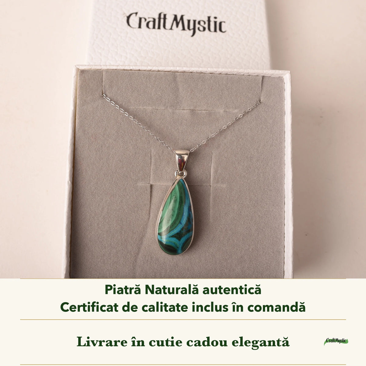 Colier cu Malachit cu Crisocola în cutia cadou CraftMystic, cu certificatul de calitate