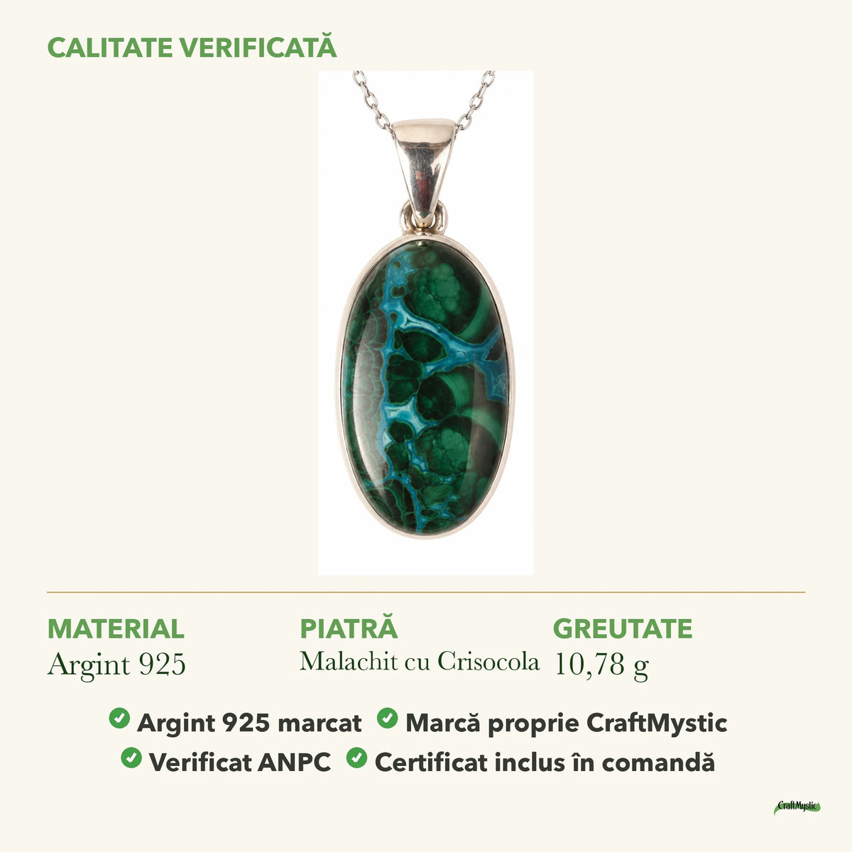 Colier cu Malachit cu Crisocola: material, dimensiunea pietrei, greutate și marcajul 925