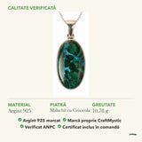 Colier cu Malachit cu Crisocola: material, dimensiunea pietrei, greutate și marcajul 925