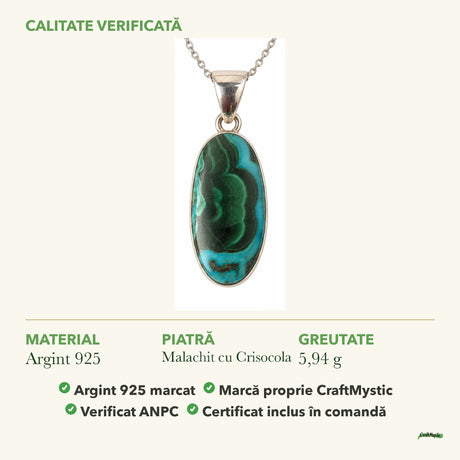 Colier cu Malachit cu Crisocola: material, dimensiunea pietrei, greutate și marcajul 925