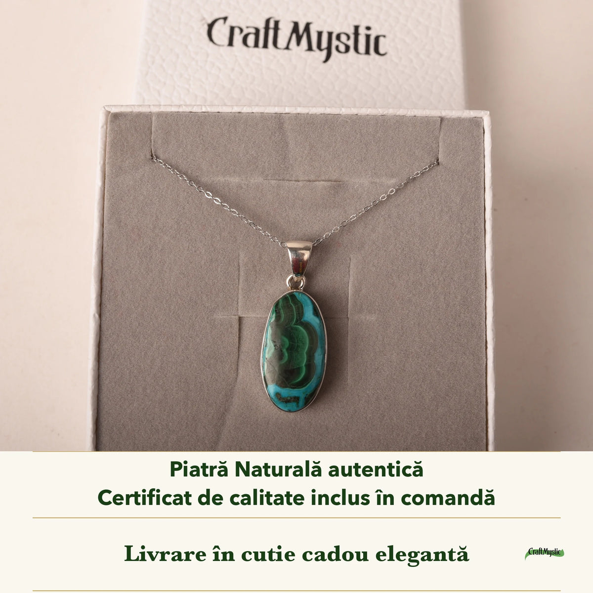 Colier cu Malachit cu Crisocola în cutia cadou CraftMystic, cu certificatul de calitate