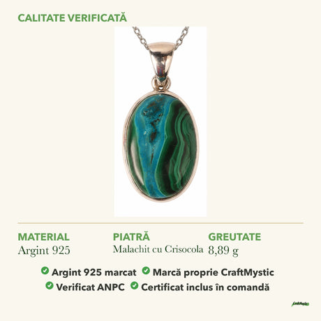 Colier cu Malachit cu Crisocola: material, dimensiunea pietrei, greutate și marcajul 925