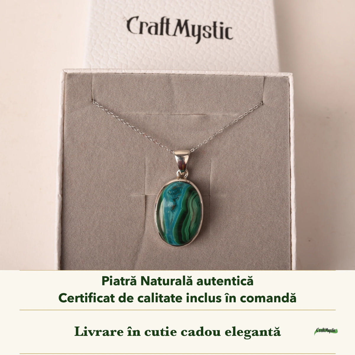 Colier cu Malachit cu Crisocola în cutia cadou CraftMystic, cu certificatul de calitate