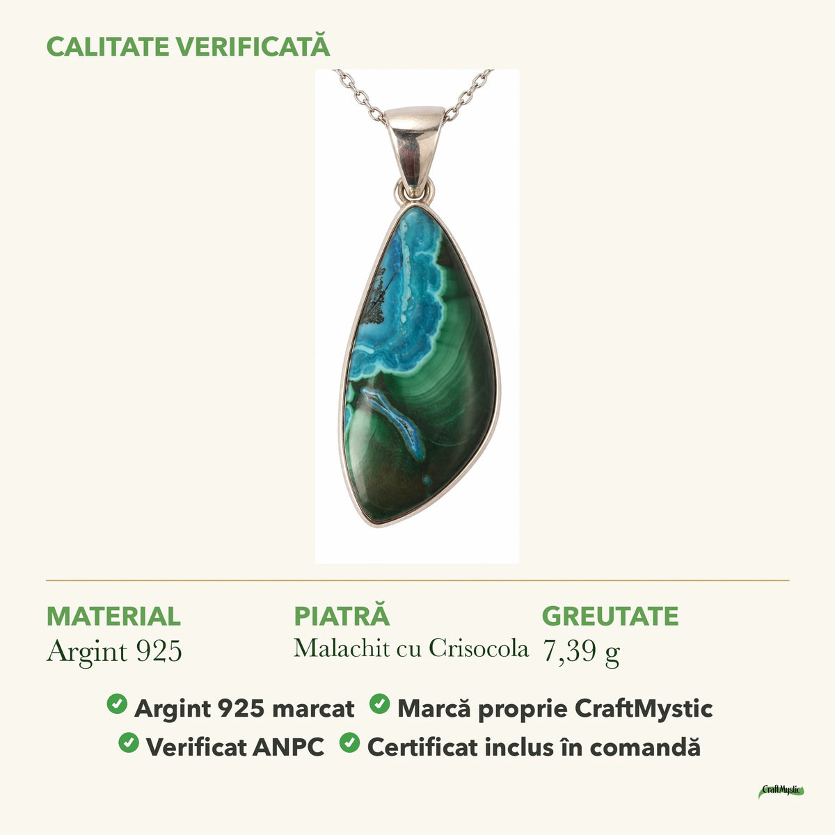 Colier cu Malachit cu Crisocola: material, dimensiunea pietrei, greutate și marcajul 925