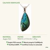 Colier cu Malachit cu Crisocola: material, dimensiunea pietrei, greutate și marcajul 925