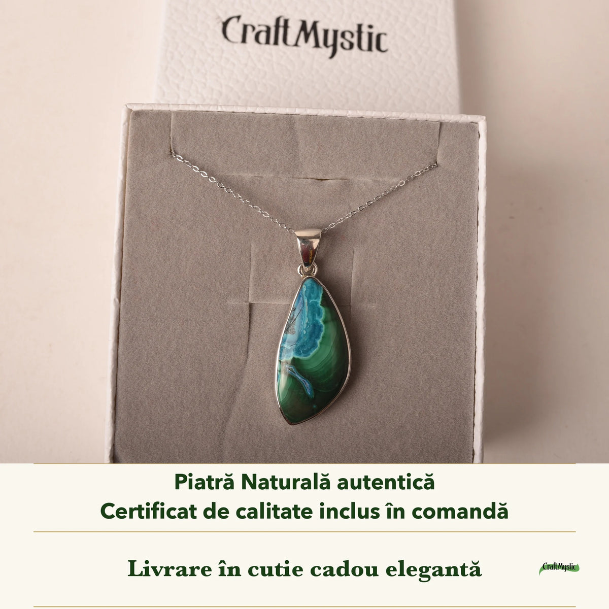 Colier cu Malachit cu Crisocola în cutia cadou CraftMystic, cu certificatul de calitate