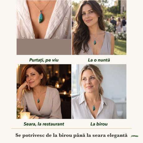 Colier cu Malachit cu Crisocola purtați de patru femei, la nuntă, seara, la birou și la o aniversare