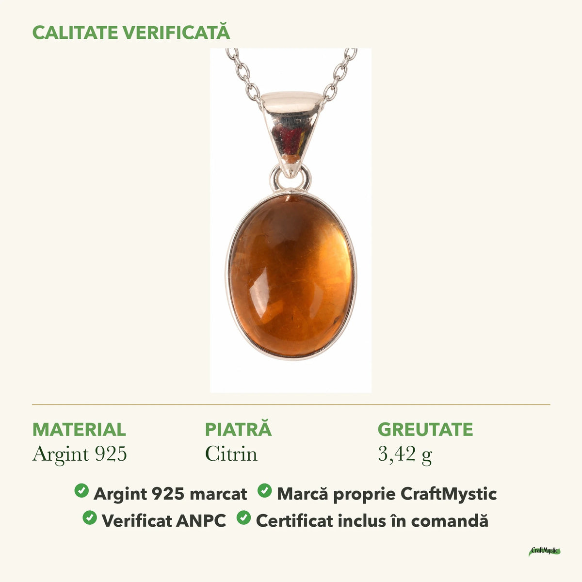 Colier cu Citrin: material, dimensiunea pietrei, greutate și marcajul 925