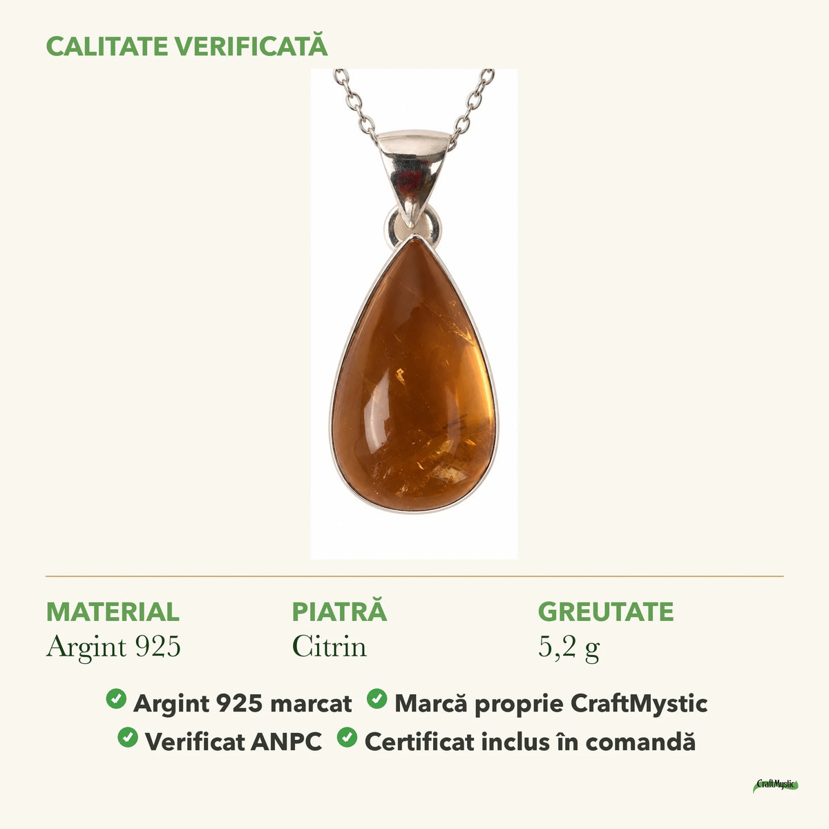 Colier cu Citrin: material, dimensiunea pietrei, greutate și marcajul 925