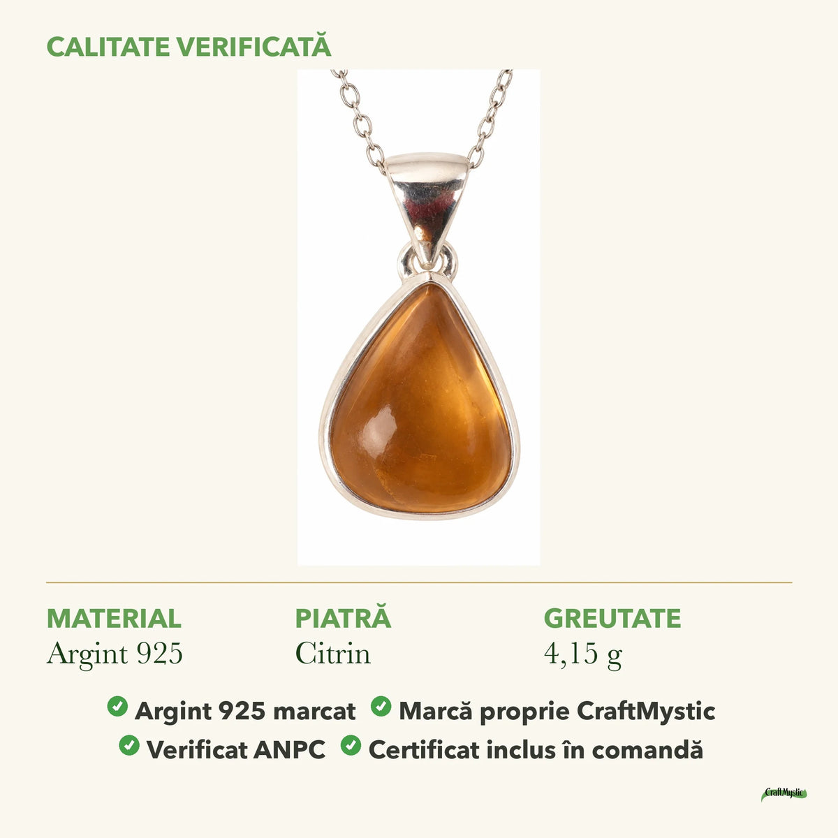 Colier cu Citrin: material, dimensiunea pietrei, greutate și marcajul 925