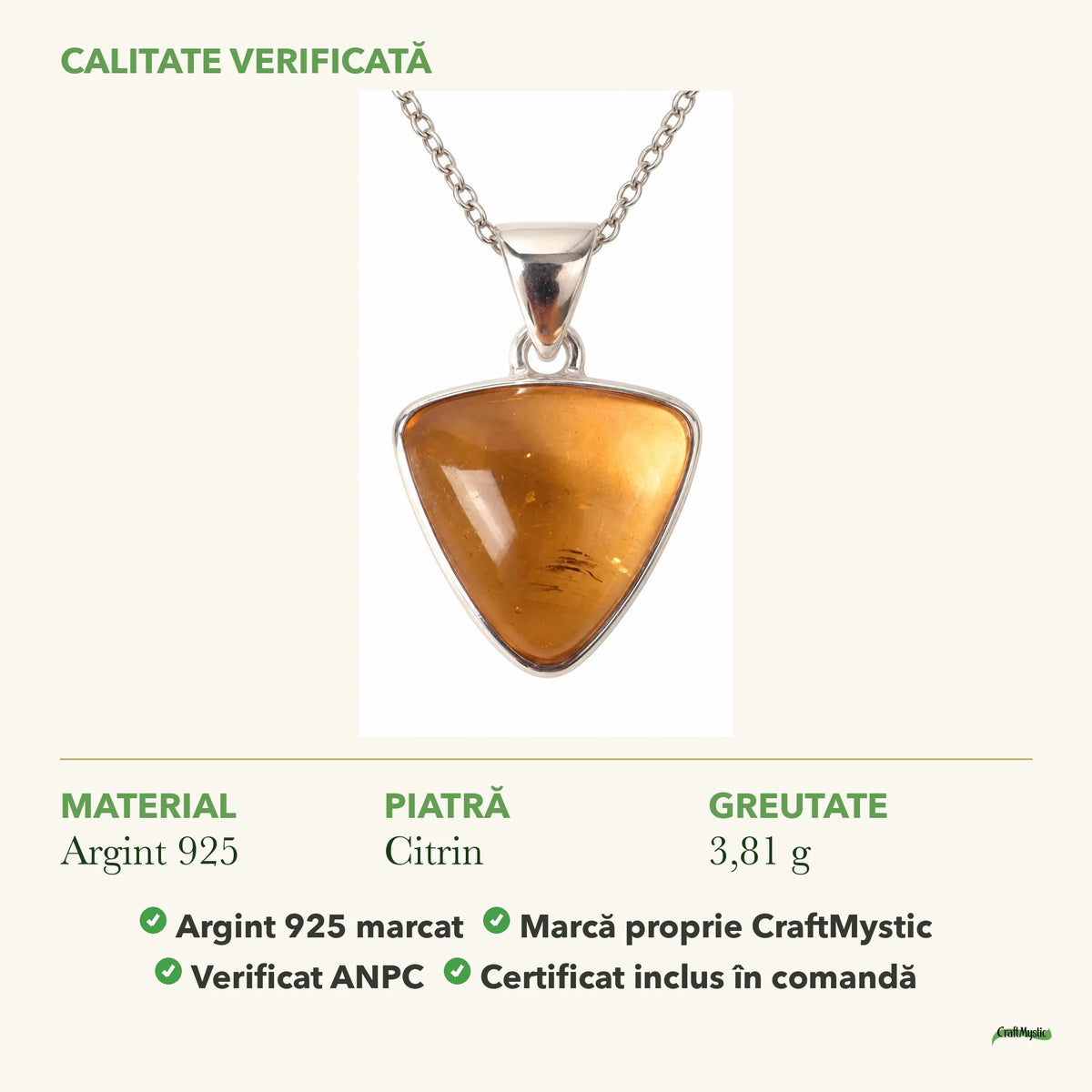 Colier cu Citrin: material, dimensiunea pietrei, greutate și marcajul 925