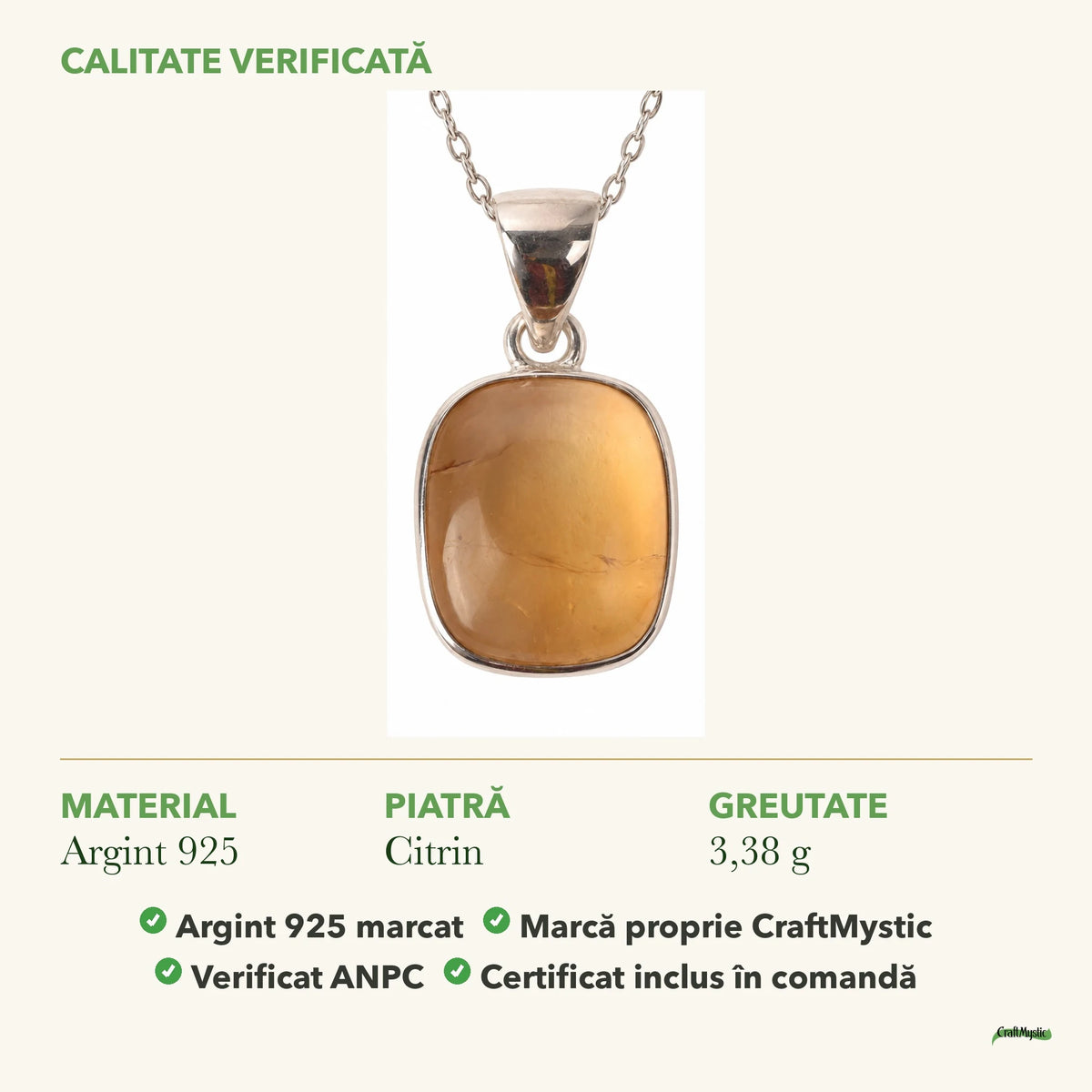 Colier cu Citrin: material, dimensiunea pietrei, greutate și marcajul 925