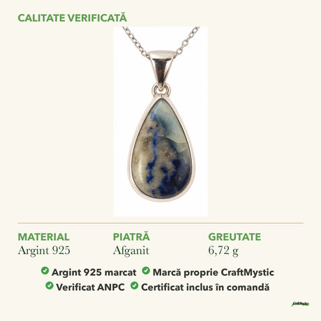 Colier cu Afganit: material, dimensiunea pietrei, greutate și marcajul 925