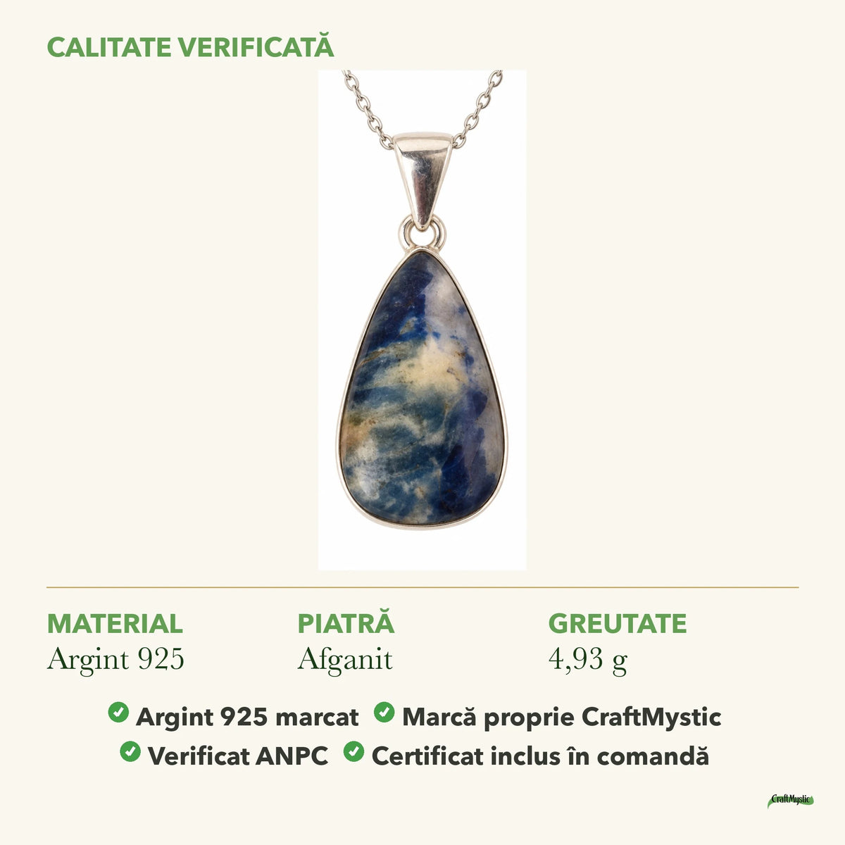Colier cu Afganit: material, dimensiunea pietrei, greutate și marcajul 925