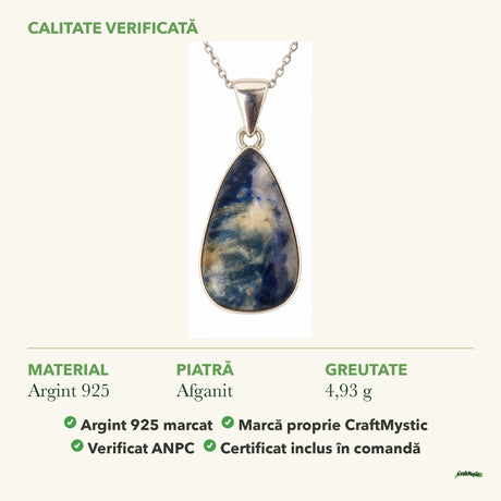 Colier cu Afganit: material, dimensiunea pietrei, greutate și marcajul 925