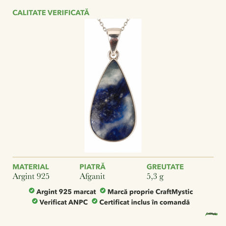 Colier cu Afganit: material, dimensiunea pietrei, greutate și marcajul 925
