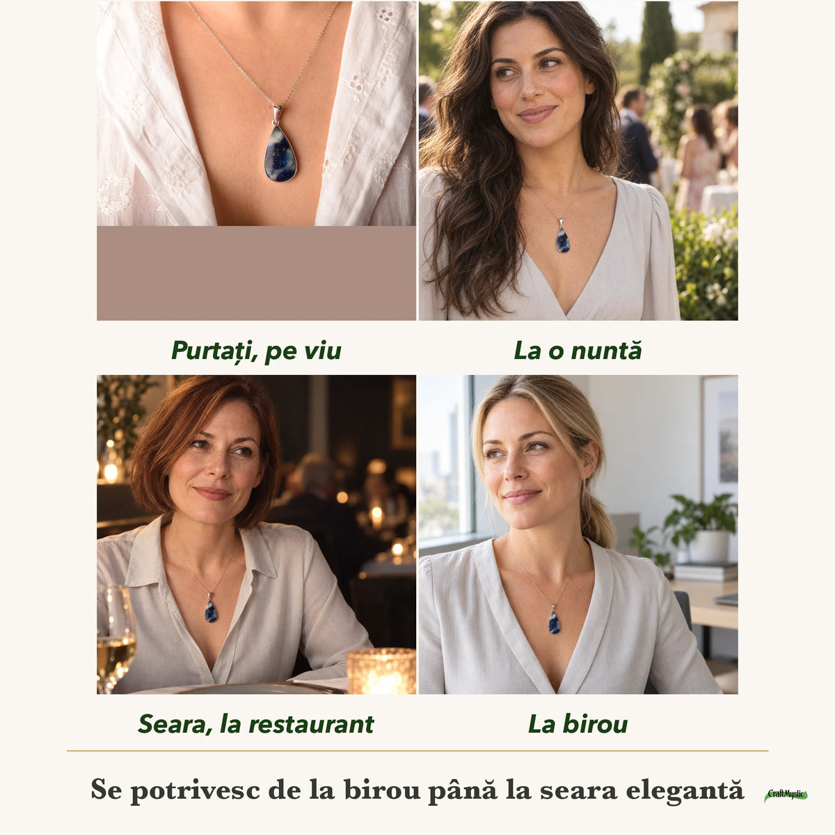 Colier cu Afganit purtați de patru femei, la nuntă, seara, la birou și la o aniversare