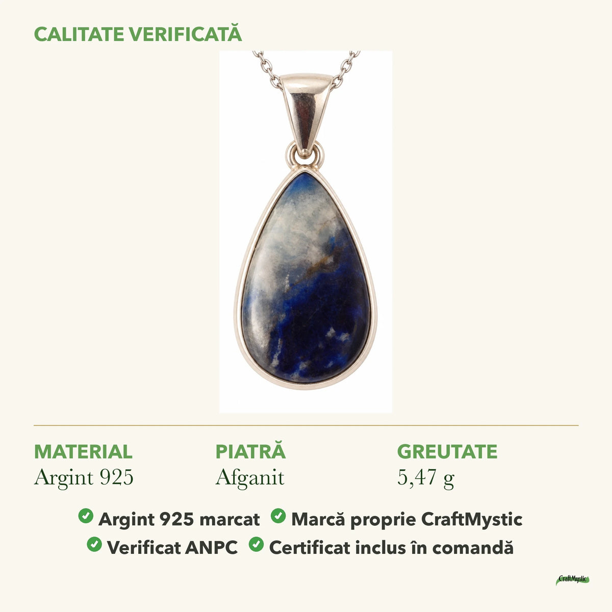 Colier cu Afganit: material, dimensiunea pietrei, greutate și marcajul 925