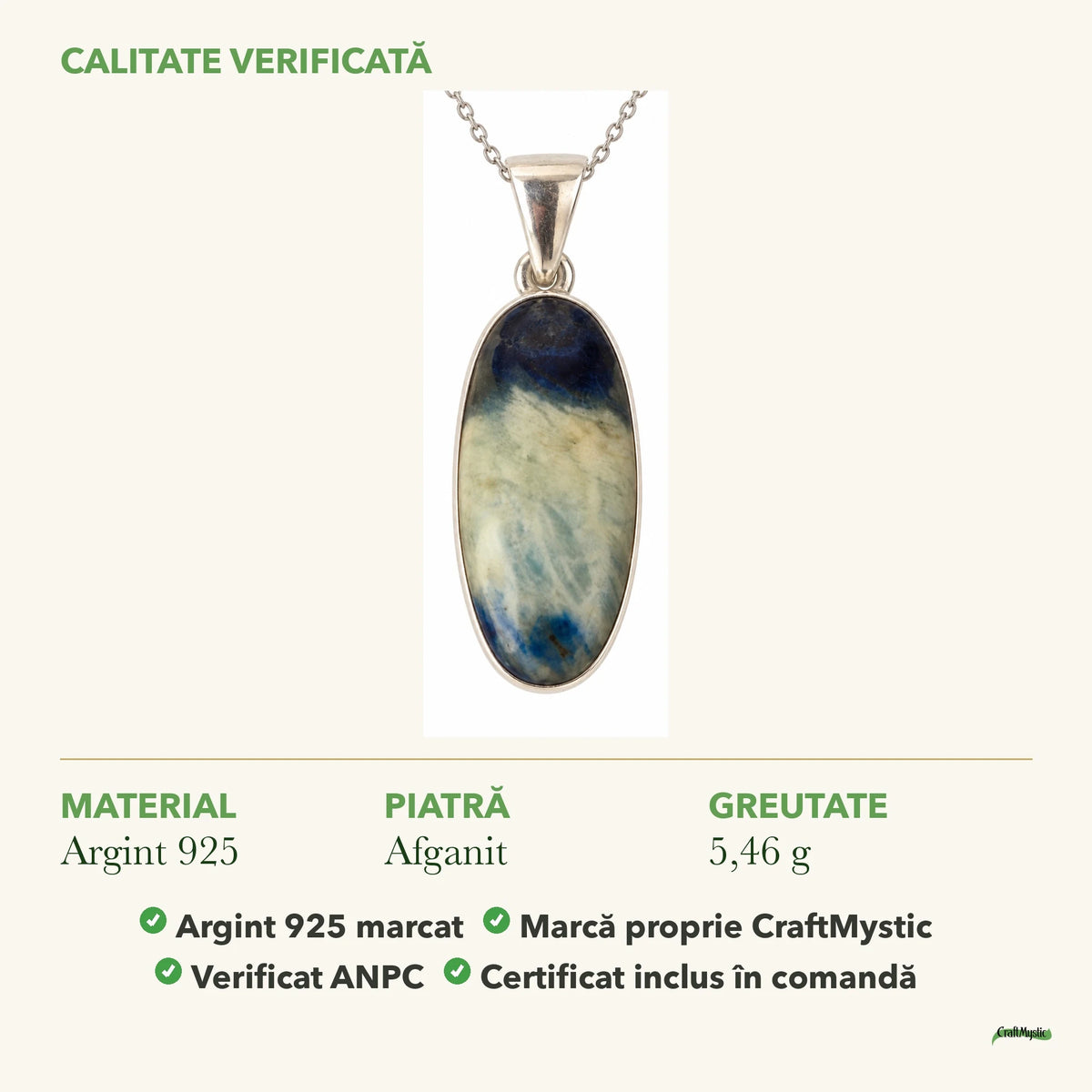 Colier cu Afganit: material, dimensiunea pietrei, greutate și marcajul 925