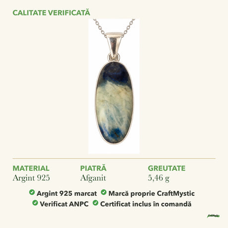 Colier cu Afganit: material, dimensiunea pietrei, greutate și marcajul 925